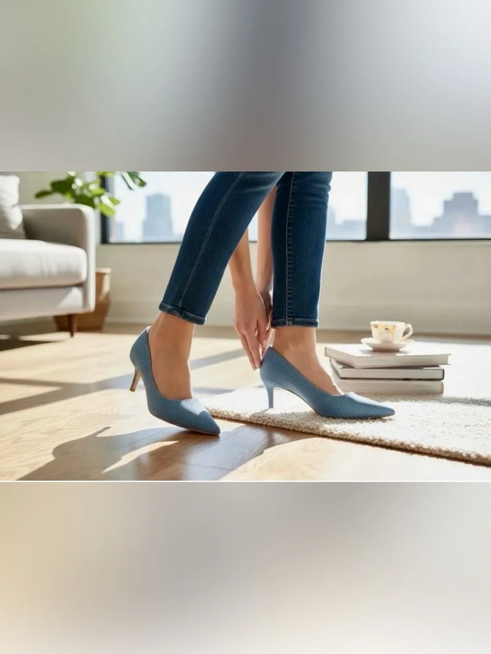 Classic Pointed Toe Mid-Heel Pumps in Dusty Blue